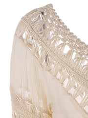 Apricot crochet-trimmed flowy cover-up with fringe detail.