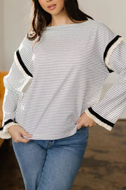 Stripe Contrasted Ruffle Trim Loose Long Sleeve Top in Stripe, model styling view
