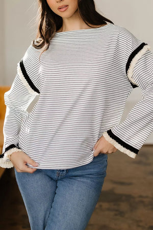 Stripe Contrasted Ruffle Trim Loose Long Sleeve Top in Stripe, model styling view