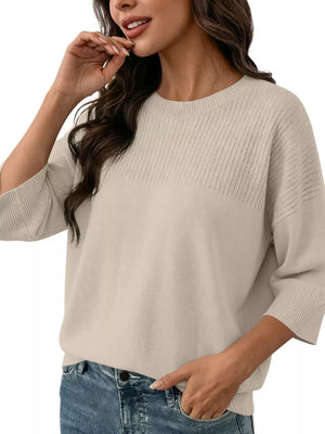 Elegant Crew Neck Eyelet Ribbed Sweater in Pink, view 16