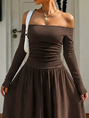 Off-the-shoulder Maxi Dress in Brown, fabric detail