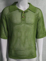 Open-knit polo shirt in matcha green with pointed collar and two buttons.