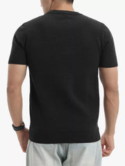 Men's black knit crew neck undershirt with short sleeves and ribbed hem