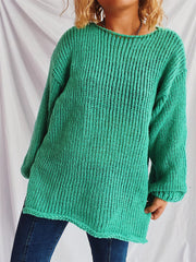 Turquoise open-knit slouchy boatneck pullover sweater with ribbed texture and relaxed fit.