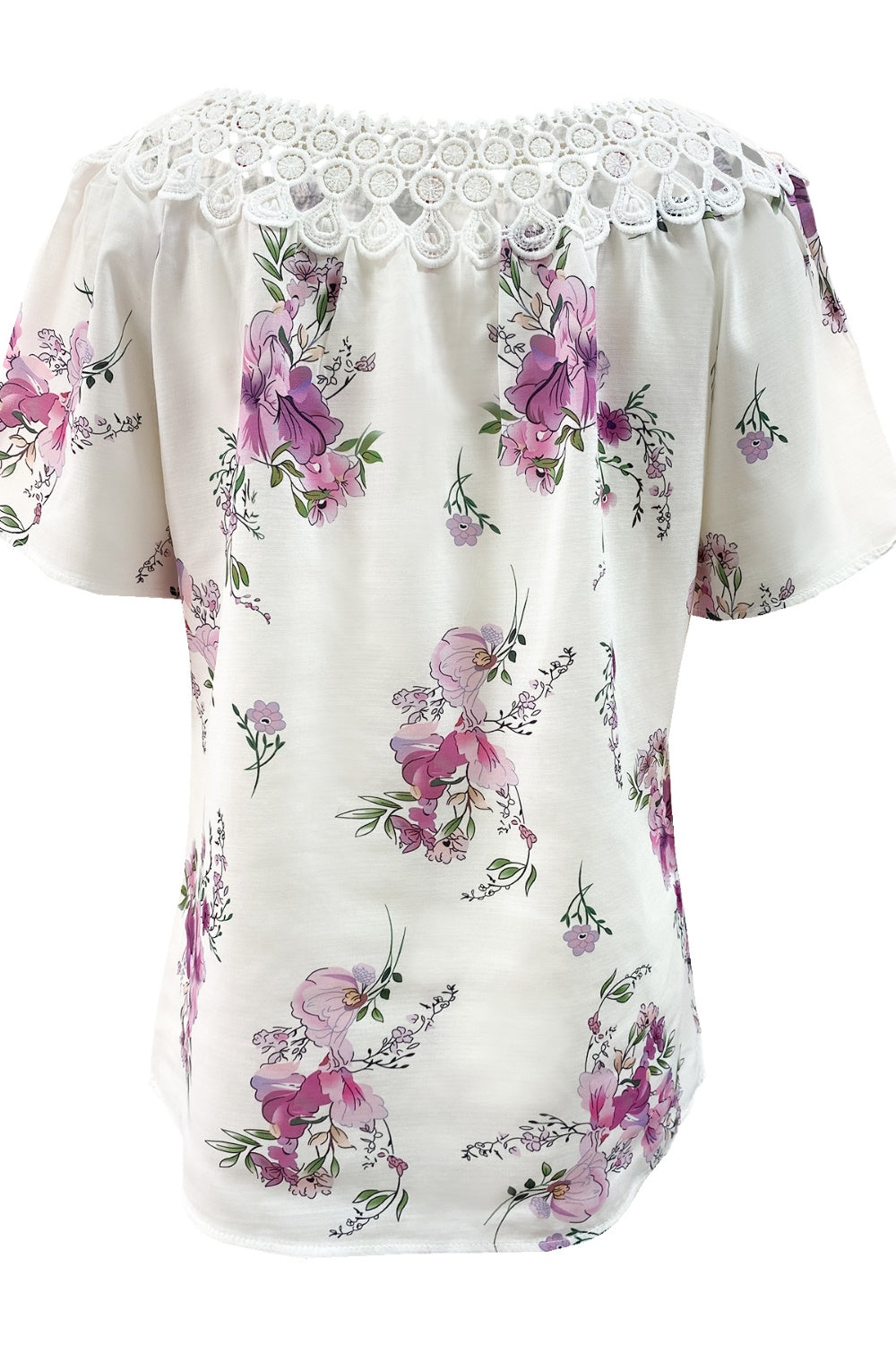 White floral blouse with lace yoke and short sleeves