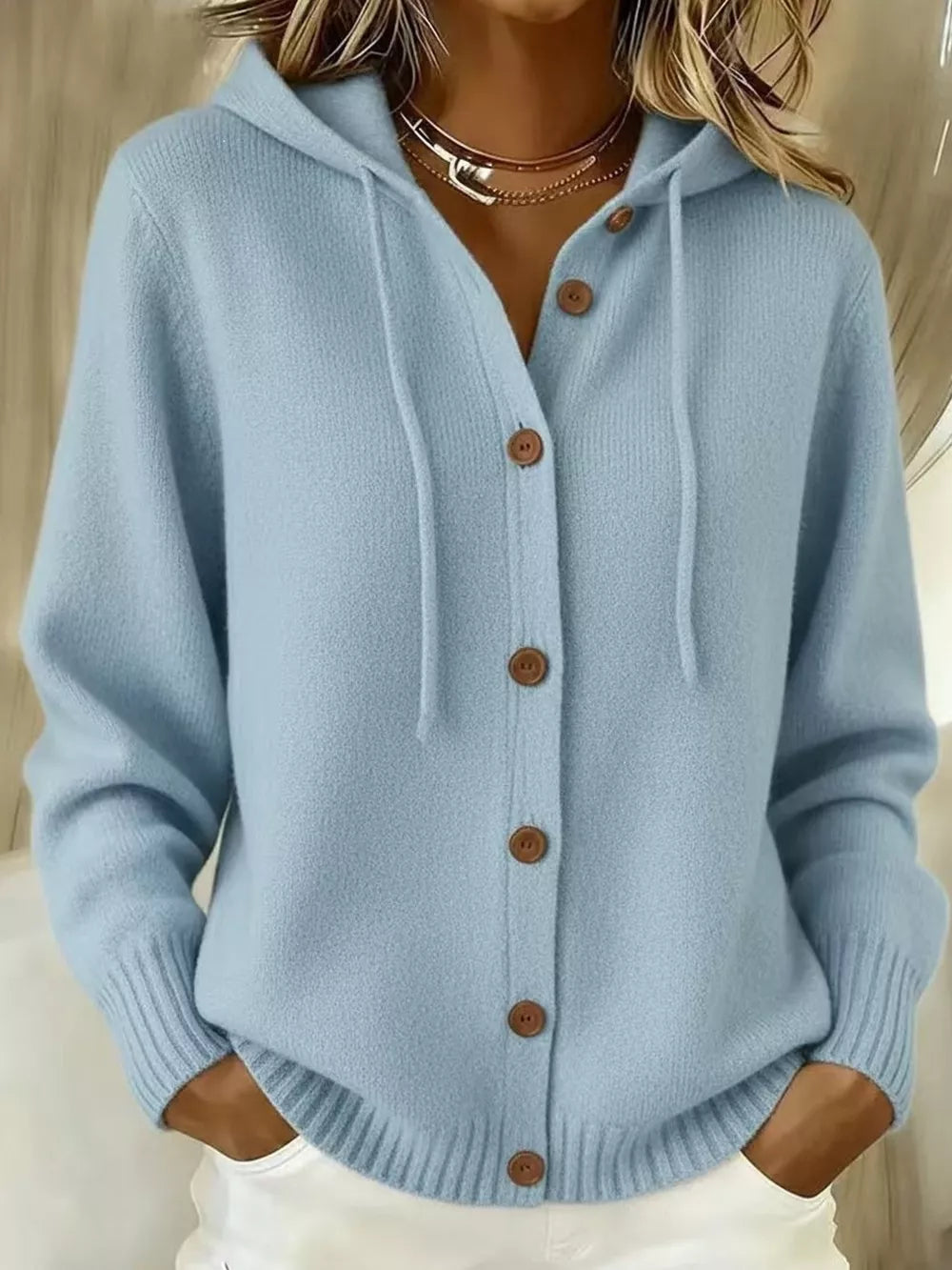Hooded Button-up Cardigan in Pink, front view