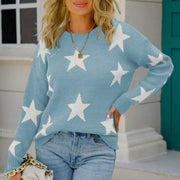 Starburst Knit Crewneck sweater in Cloudy Blue with white stars, acrylic knit, crew neck, long sleeves.