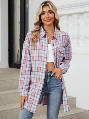 Oversized pastel plaid shacket with button front and chest pockets.