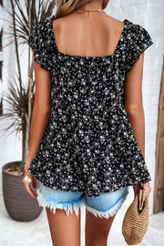 Black floral peplum blouse with flutter sleeves and square neckline