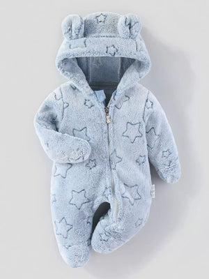 Light blue plush baby one-piece with hood, bear ears, and star pattern.
