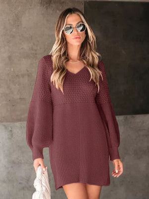 Burgundy knit mini dress with balloon sleeves and V-neck.