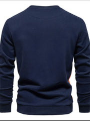 Navy crew neck sweatshirt with color block side panel detail.