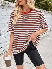 Brown and white striped relaxed tee with contrast red neckline and short sleeves.