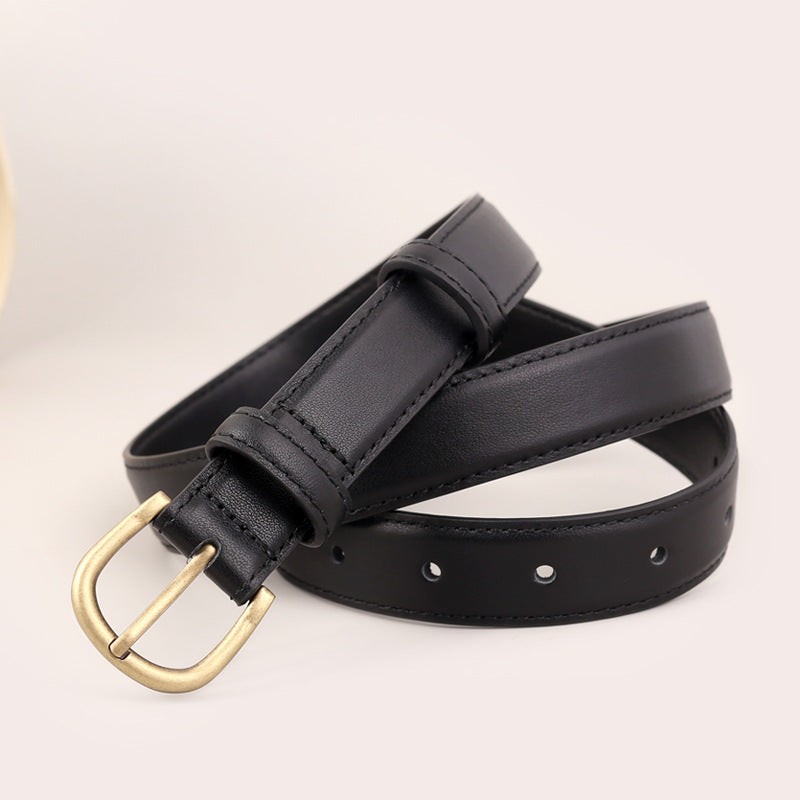 Black cowhide leather belt with antique brass buckle and stitched detail
