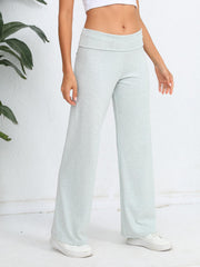 Light gray palazzo trousers with fold-over waistband, wide leg, and casual styling.