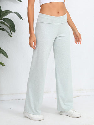Light gray palazzo trousers with fold-over waistband, wide leg, and casual styling.