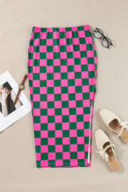 Checkerboard slit midi skirt in hot pink and green, with a side zipper detail.