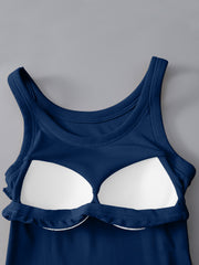 Dark Blue ribbed knit tank top with built-in bra cups.
