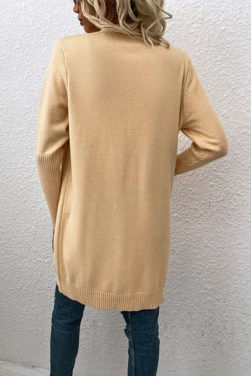 Khaki ribbed cuff open-front cardigan with ribbed hem and cuffs.