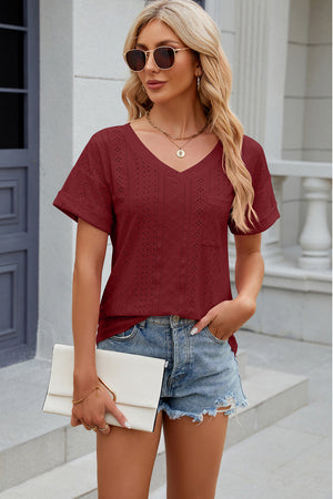 Burgundy perforated pocket tee with v-neck and rolled sleeves