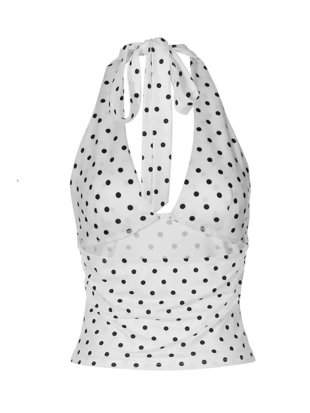 White polka dot halter cami with tie neck and ruched waist