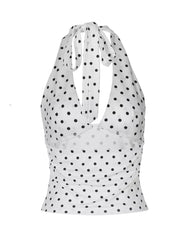White polka dot halter cami with tie neck and ruched waist