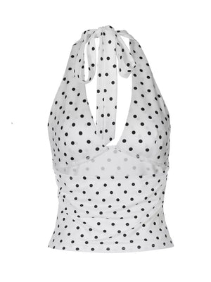 White polka dot halter cami with tie neck and ruched waist