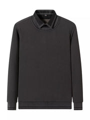 Black ribbed knit sweater with a layered collar detail and crew neck.