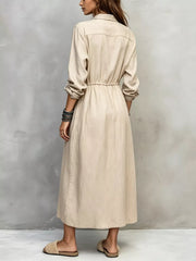 Full Size Button Front Long Sleeve Shirt Dress Plus Size in Apricot, fit detail