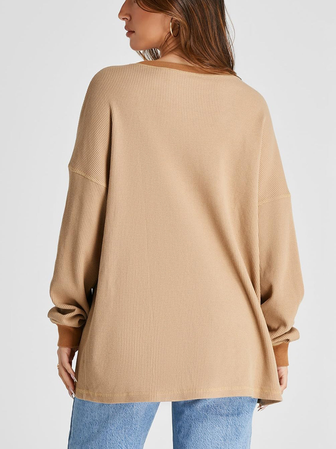 Waffle knit raglan sleeve sweatshirt in tan with contrast trim.