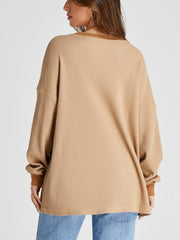 Waffle knit raglan sleeve sweatshirt in tan with contrast trim.