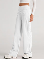 White button-front palazzo trousers with a high waist and two front pockets.