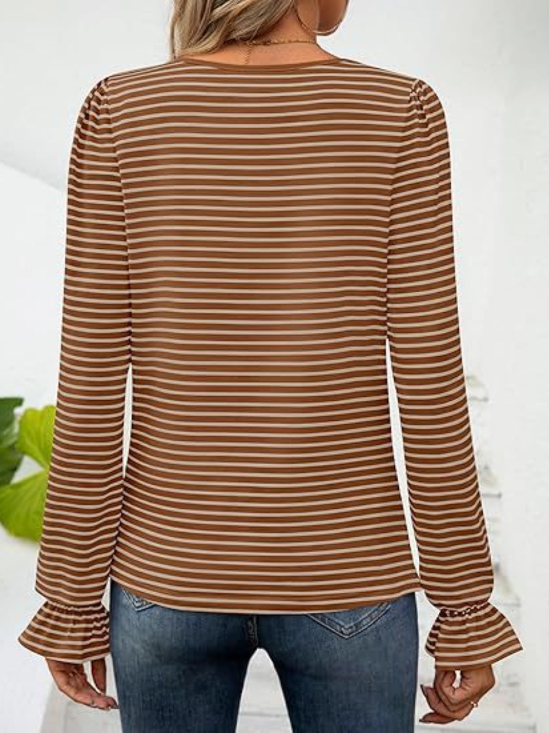 Camel striped long sleeve blouse with ruffle cuffs and square neckline.