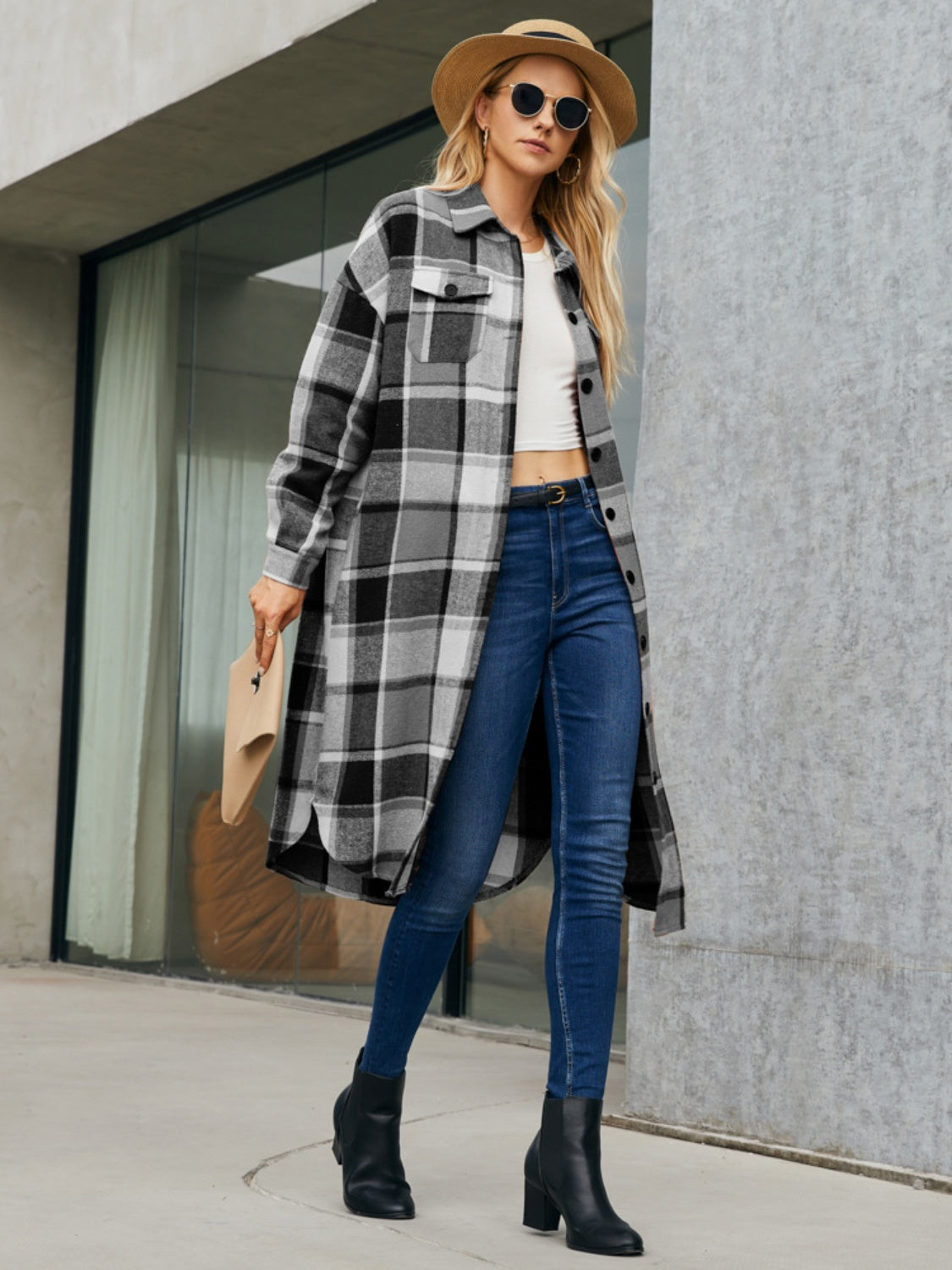 Oversized plaid shirt jacket dress in black and white, long sleeves, button front, side slits