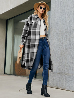 Oversized plaid shirt jacket dress in black and white, long sleeves, button front, side slits