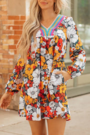 Boho Floral Print V-neck Mini Dress With Pockets in Multicolor, front view