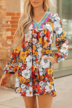 Boho Floral Print V-neck Mini Dress With Pockets in Multicolor, front view