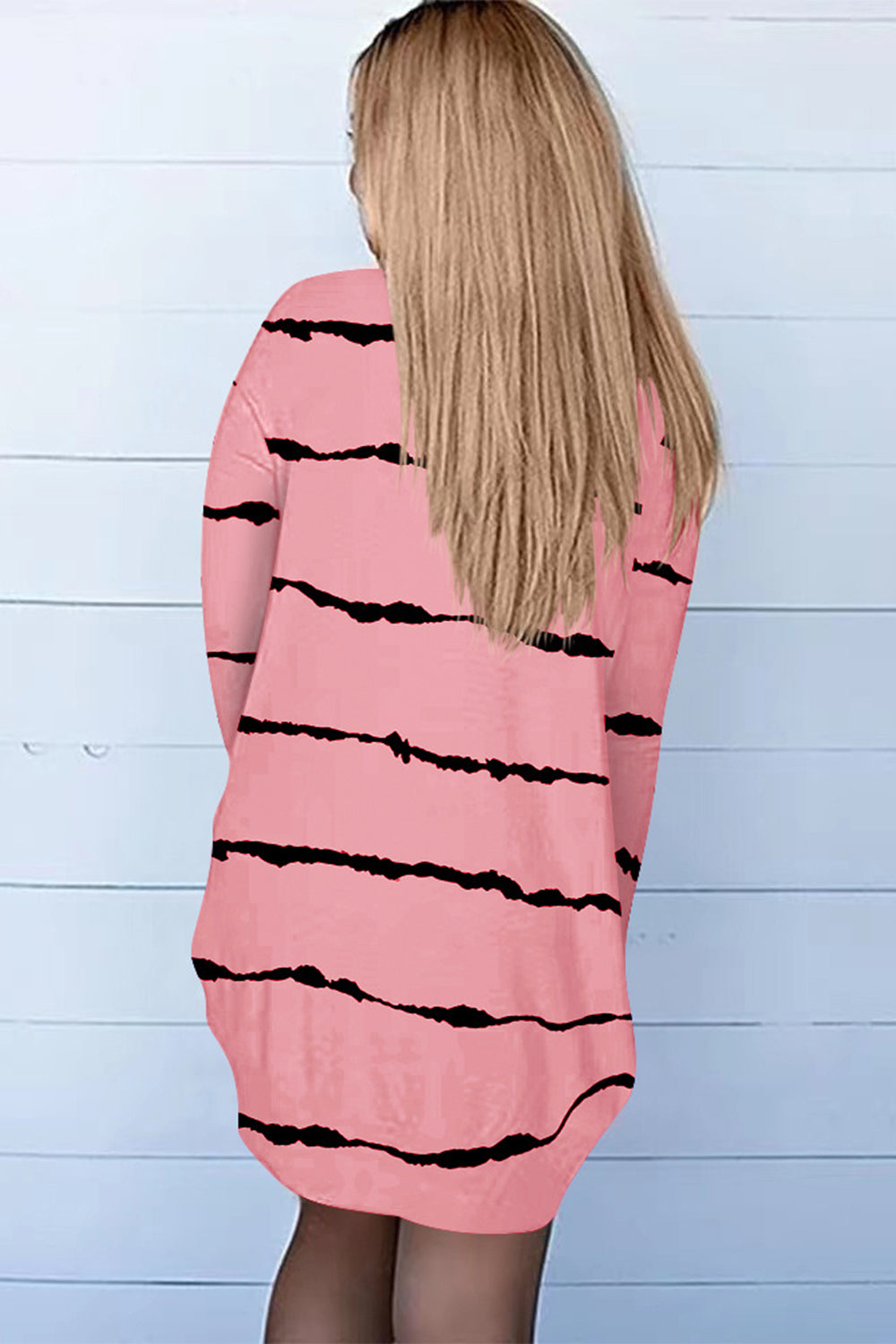 Pink striped open-front duster cardigan with long sleeves and a relaxed fit.