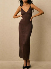Brown ribbed midi dress with V-neck and gold-detail straps