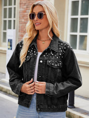 Black denim jacket with pearl embellishments, button front, and collar.