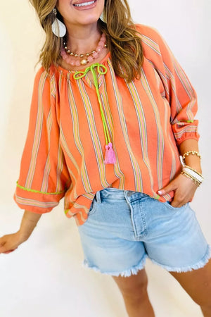 Stripe Tassel Tie Neck Cotton Blouse, side view