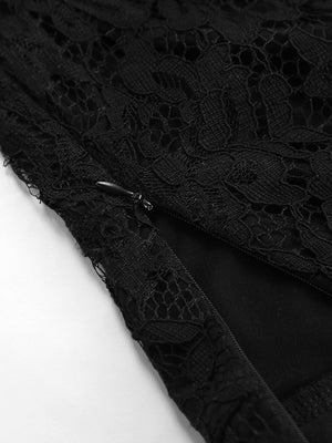 Black lace maxi skirt with sheer detail and zipper closure