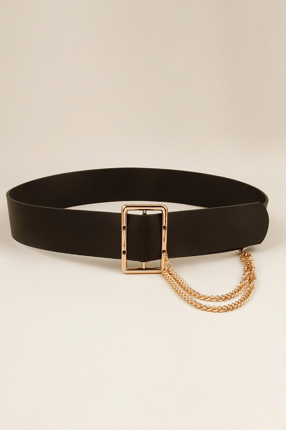Black faux leather belt with gold square buckle and double chain detail.