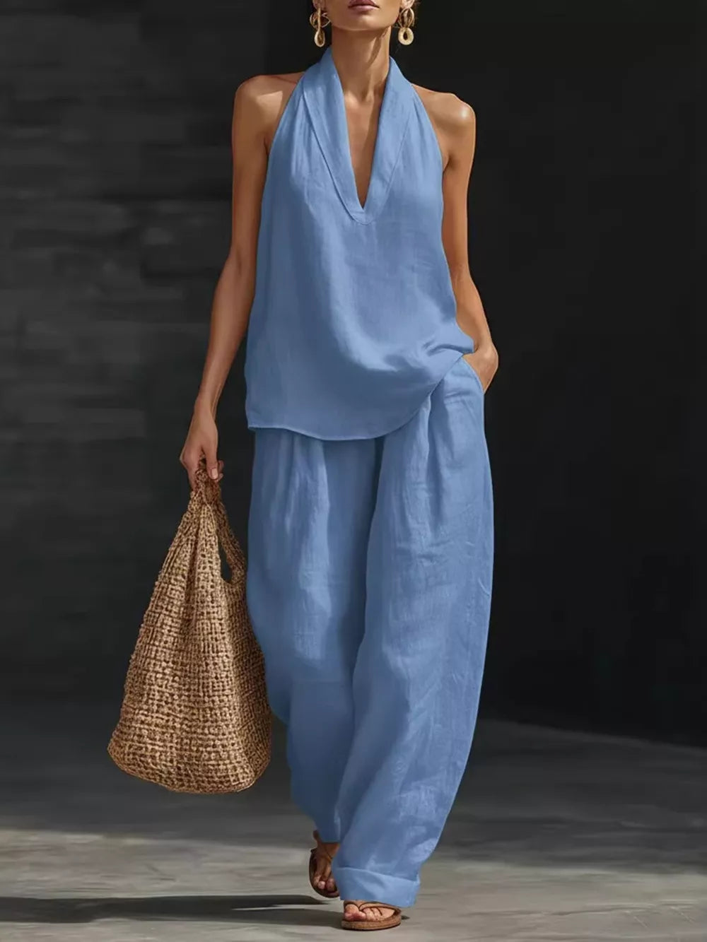 Sky blue halter neck top with flowing wide-leg pants set, casual women's outfit