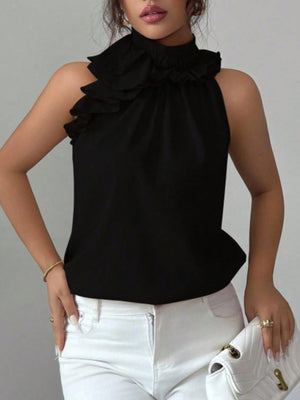 Black ruffled high neck sleeveless blouse with a casual cut.