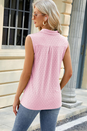 Blush pink eyelet polo tank with pleated bib and collar