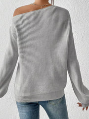 Light Gray asymmetrical knit sweater with off-shoulder neckline and ribbed texture.