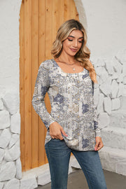 Paisley print gathered square neck long sleeve blouse in beige and blue.