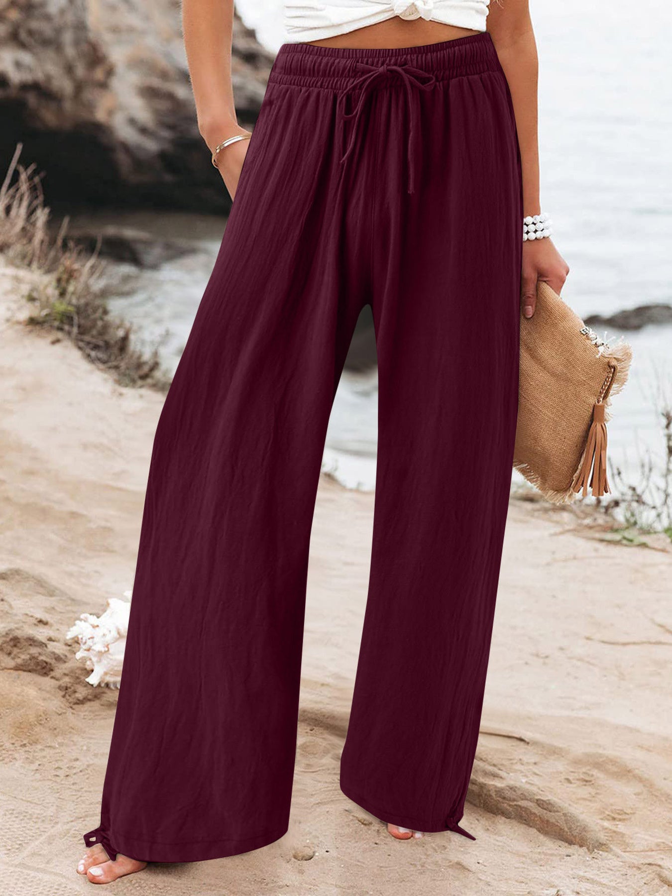 Full Size Drawstring Wide Leg Pants Plus Size in Fuchsia, back view