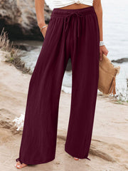 Full Size Drawstring Wide Leg Pants Plus Size in Fuchsia, back view